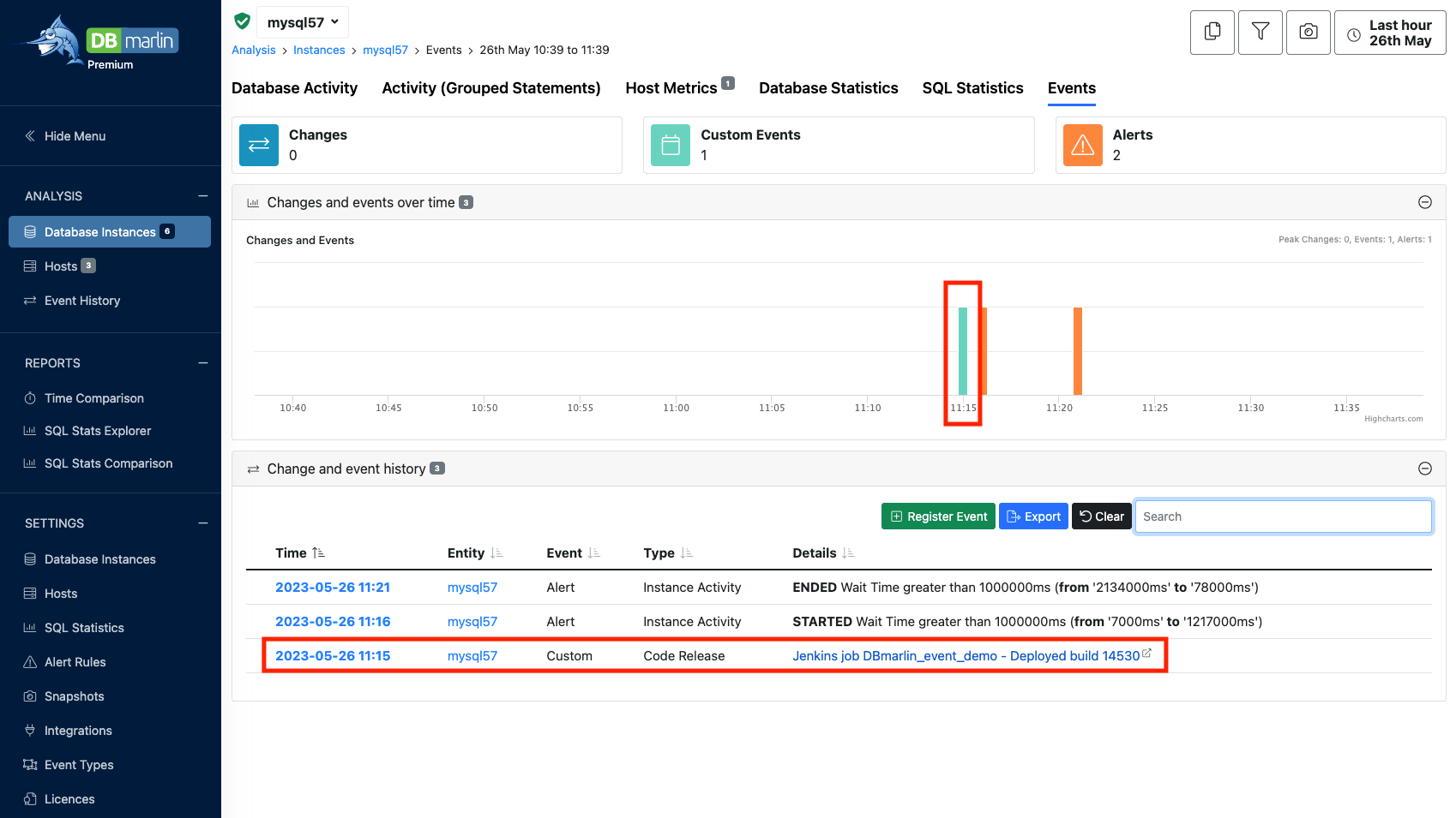 DBmarlin code release event showing on the Event tab