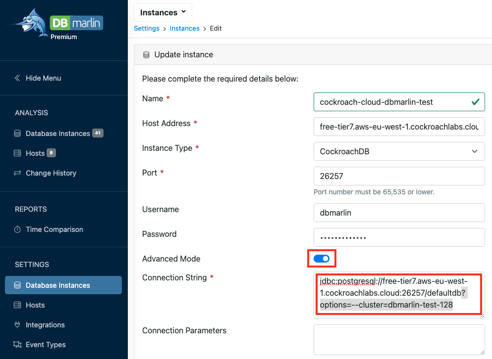 DBmarlin CockroachDB Serverless connection parameters