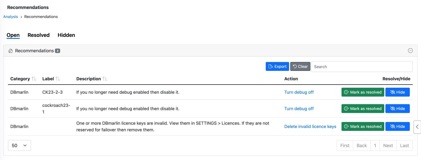DBmarlin Recommendations Screen