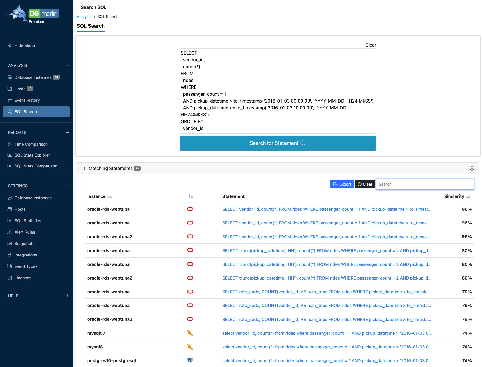 DBmarlin SQL search screen