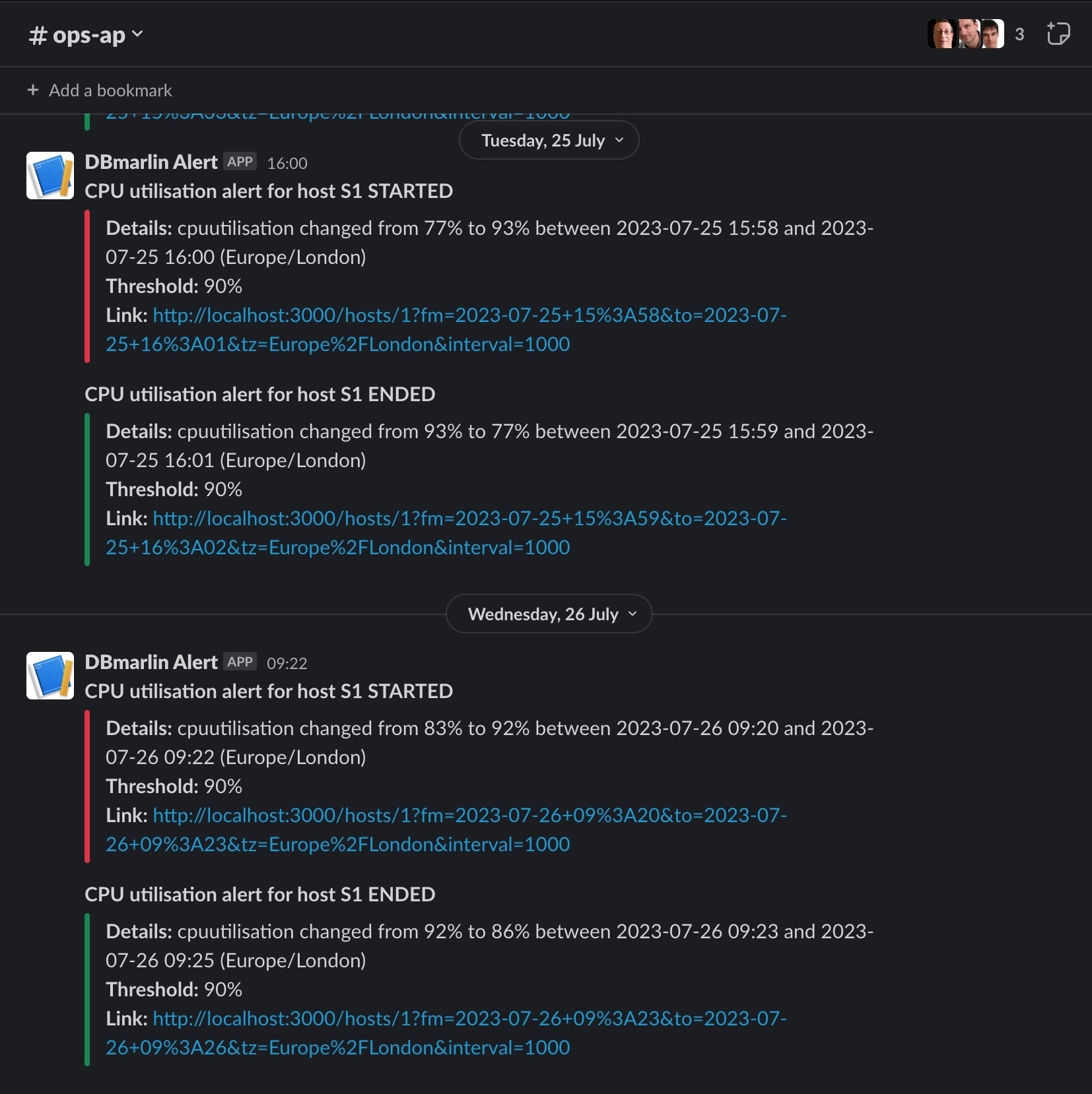 Slack DBmarlin example host alert